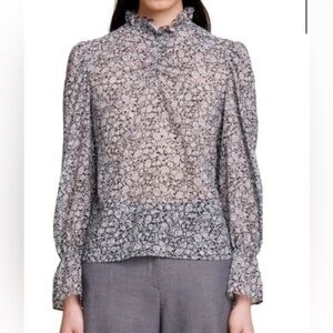 Maje sheer ruffle multi floral shirt